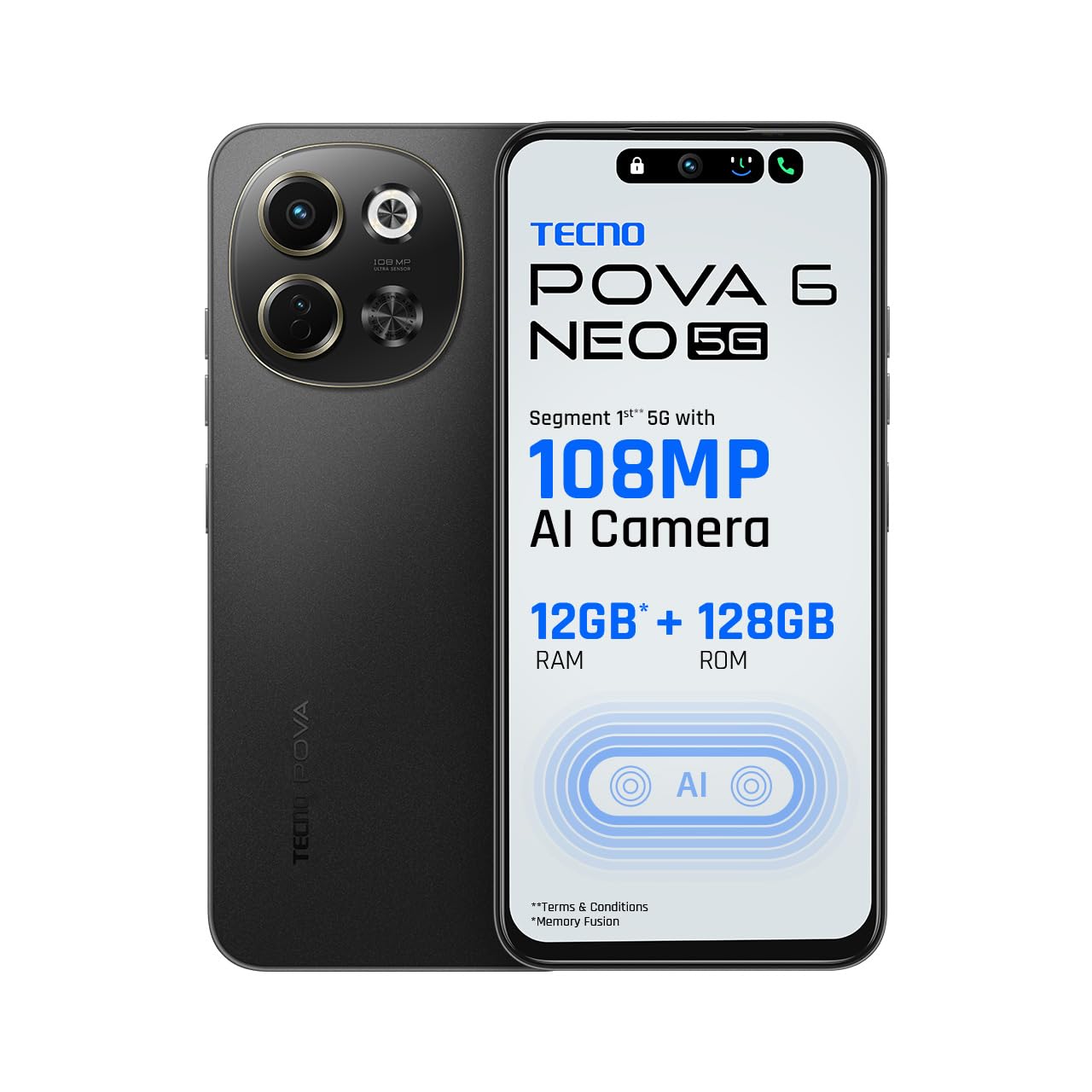 TECNO POVA 6 NEO 5G (Midnight Shadow, 8GB+256GB) | Advanced AI Features | 108MP Ultra Clear AI Camera | D6300 Powerful Processor | 5 Year Lag Free ...